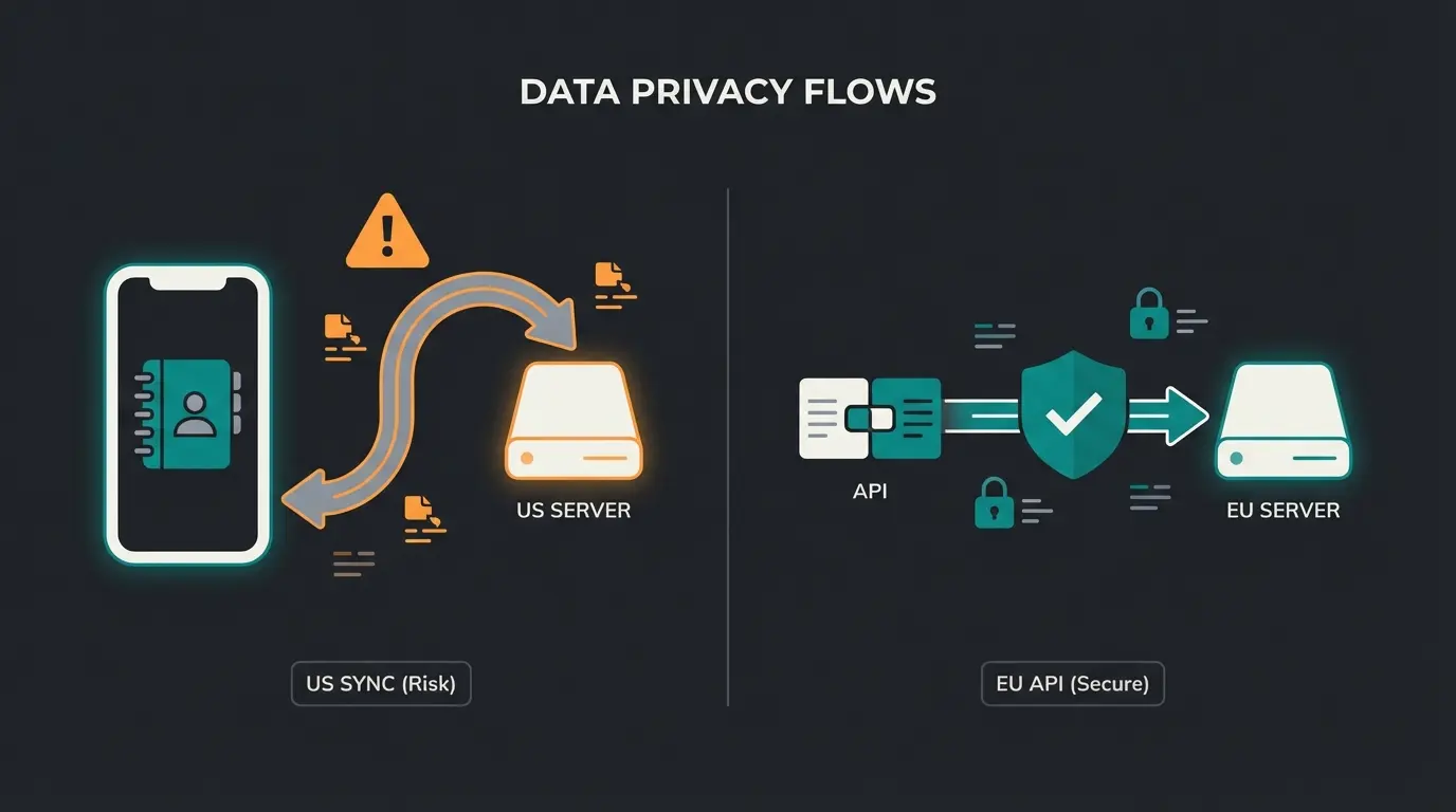 Visualisierung des Datenflusses bei WhatsApp Business App versus API mit EU-Serverstandort