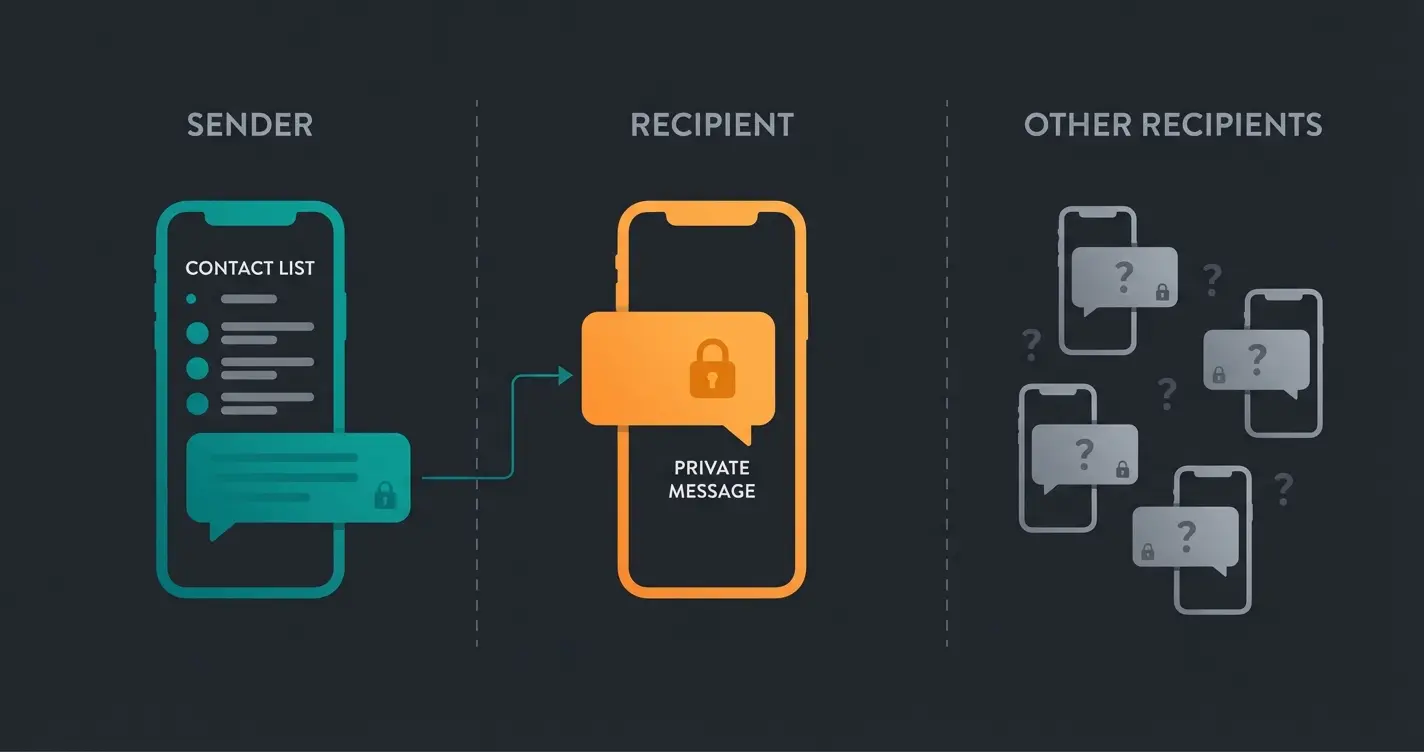 Visualisierung der drei Perspektiven bei WhatsApp Broadcast: Absender, Empfänger und Co-Empfänger Sichtbarkeit