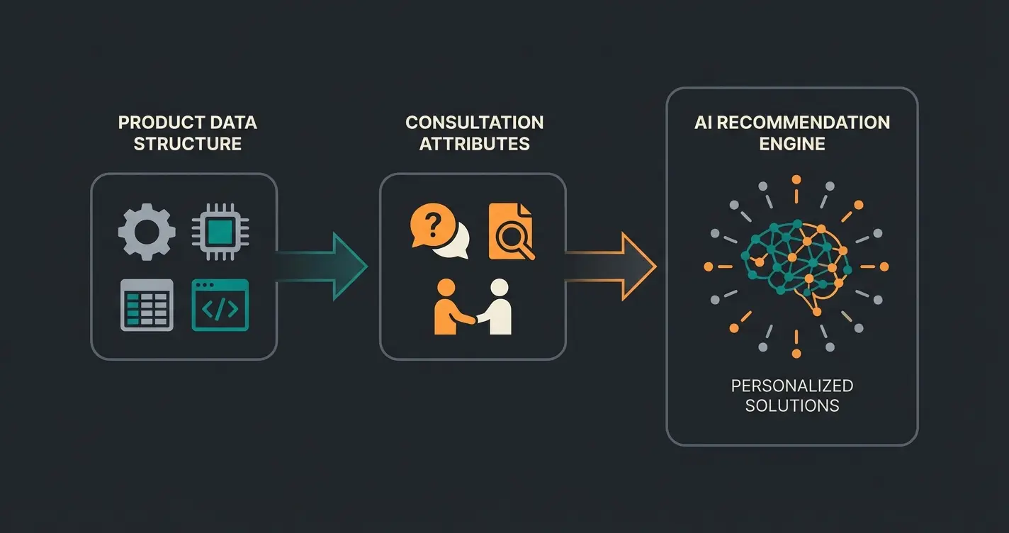 Product attribute structure diagram showing technical and consultation data layers