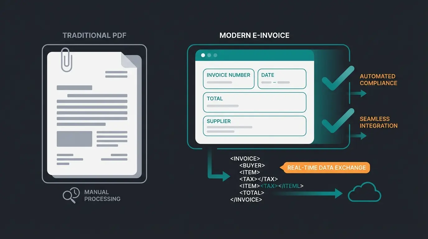 Comparison diagram showing PDF invoice versus ZUGFeRD e-invoice with embedded XML data