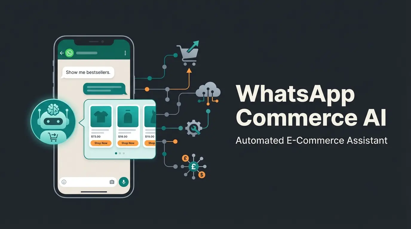 WhatsApp shop setup with AI sales consultation interface on dark background
