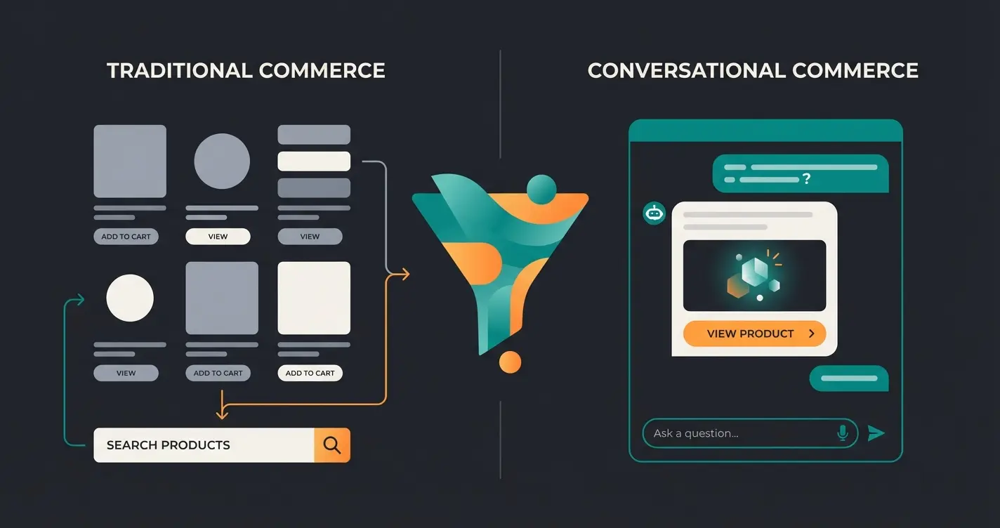 Visual comparison of traditional Magento theme versus AI-enhanced conversational design approach