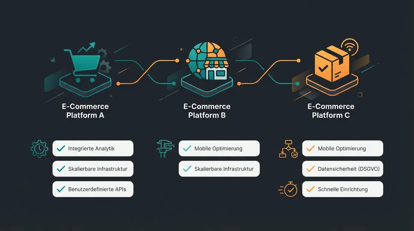 Comparison diagram of Shopware, WooCommerce, and JTL-Shop features for German market