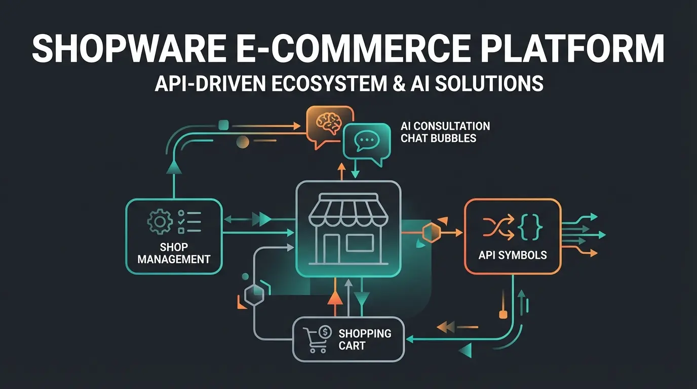 Shopware e-commerce platform overview with AI consultation features illustrated in minimalist style