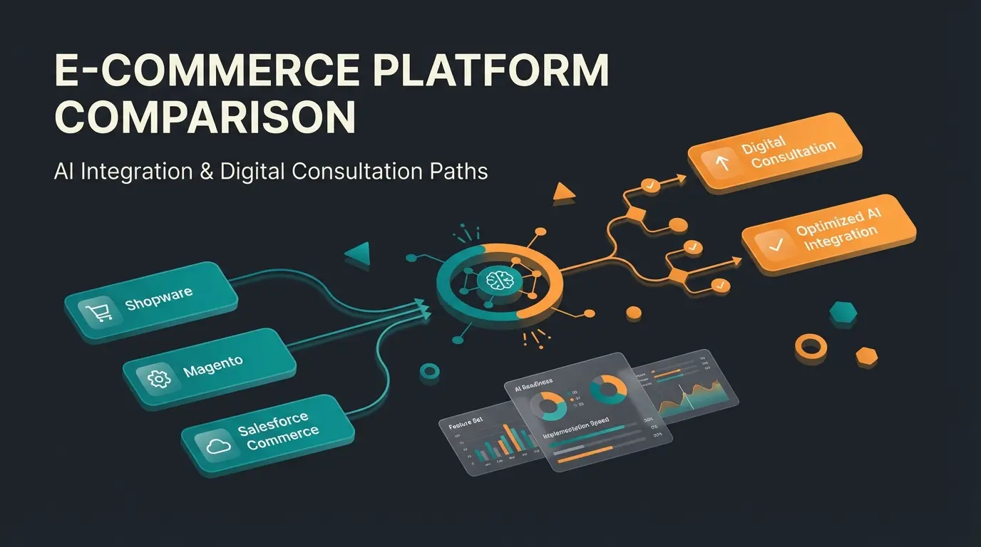 Shopware comparison infographic showing editions and AI commerce capabilities for 2025