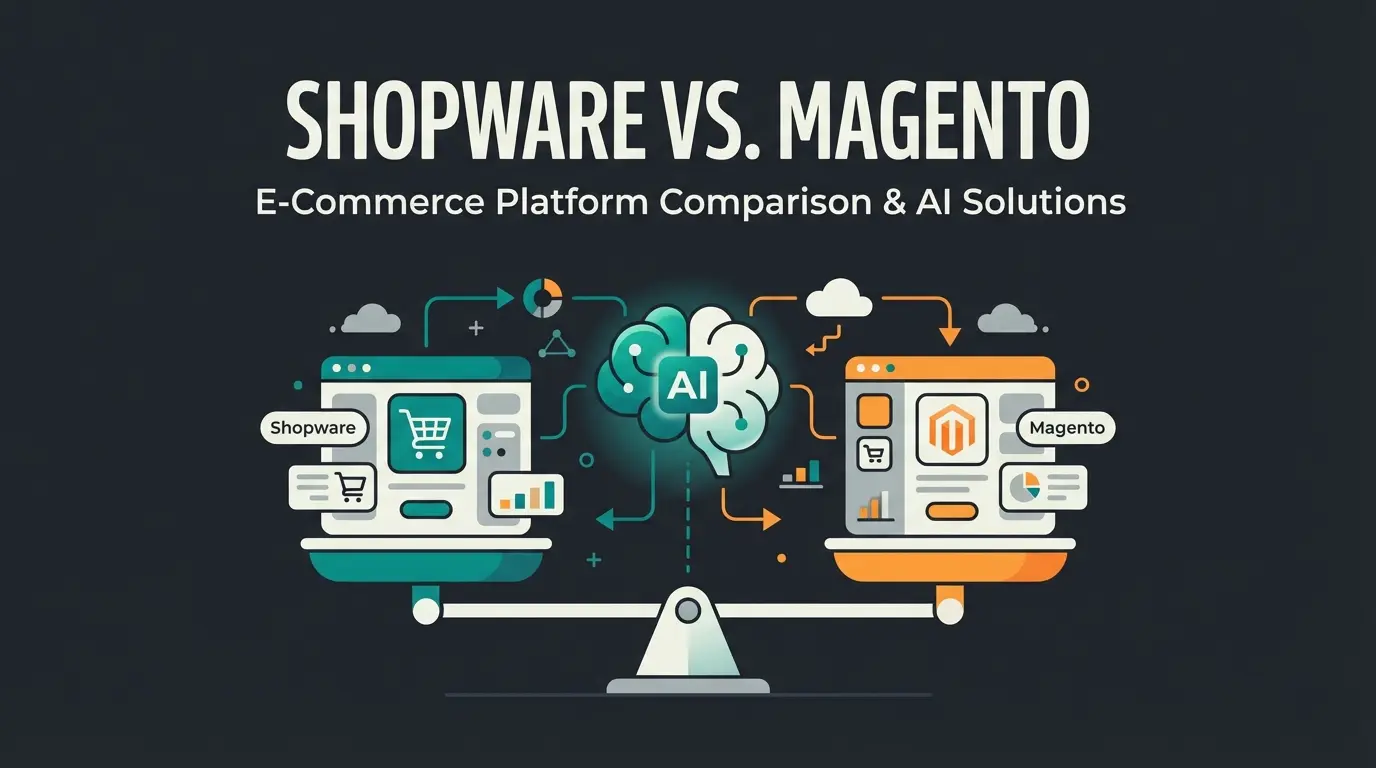 Shopware vs OXID platform comparison with AI consultation elements on dark background