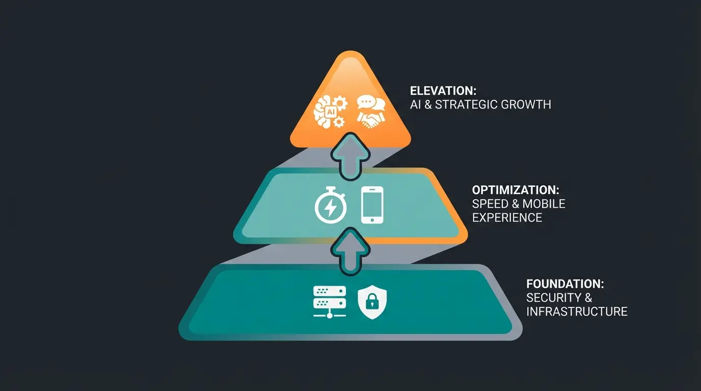 Die Pyramide der Shopware Betreuung mit drei Ebenen: Technische Wartung, Performance und Produktberatung