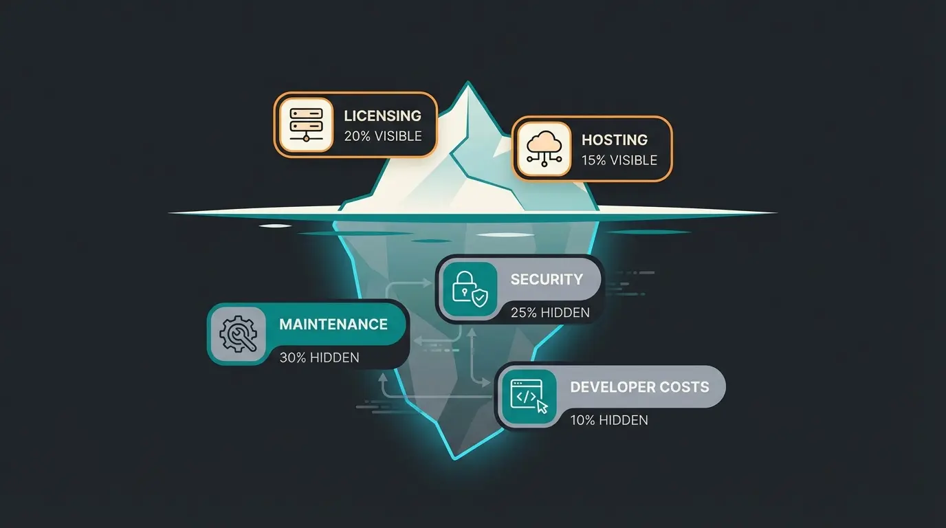 Infografik Kosteneisberg: Sichtbare vs. versteckte E-Commerce Kosten bei Magento und WooCommerce