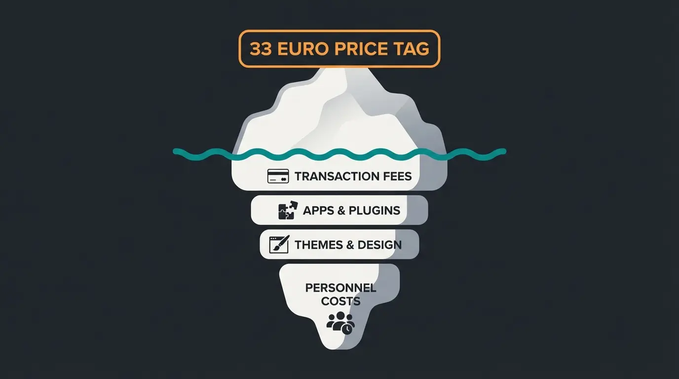 Eisberg-Modell der Shopify Kosten mit sichtbaren und versteckten Ausgaben