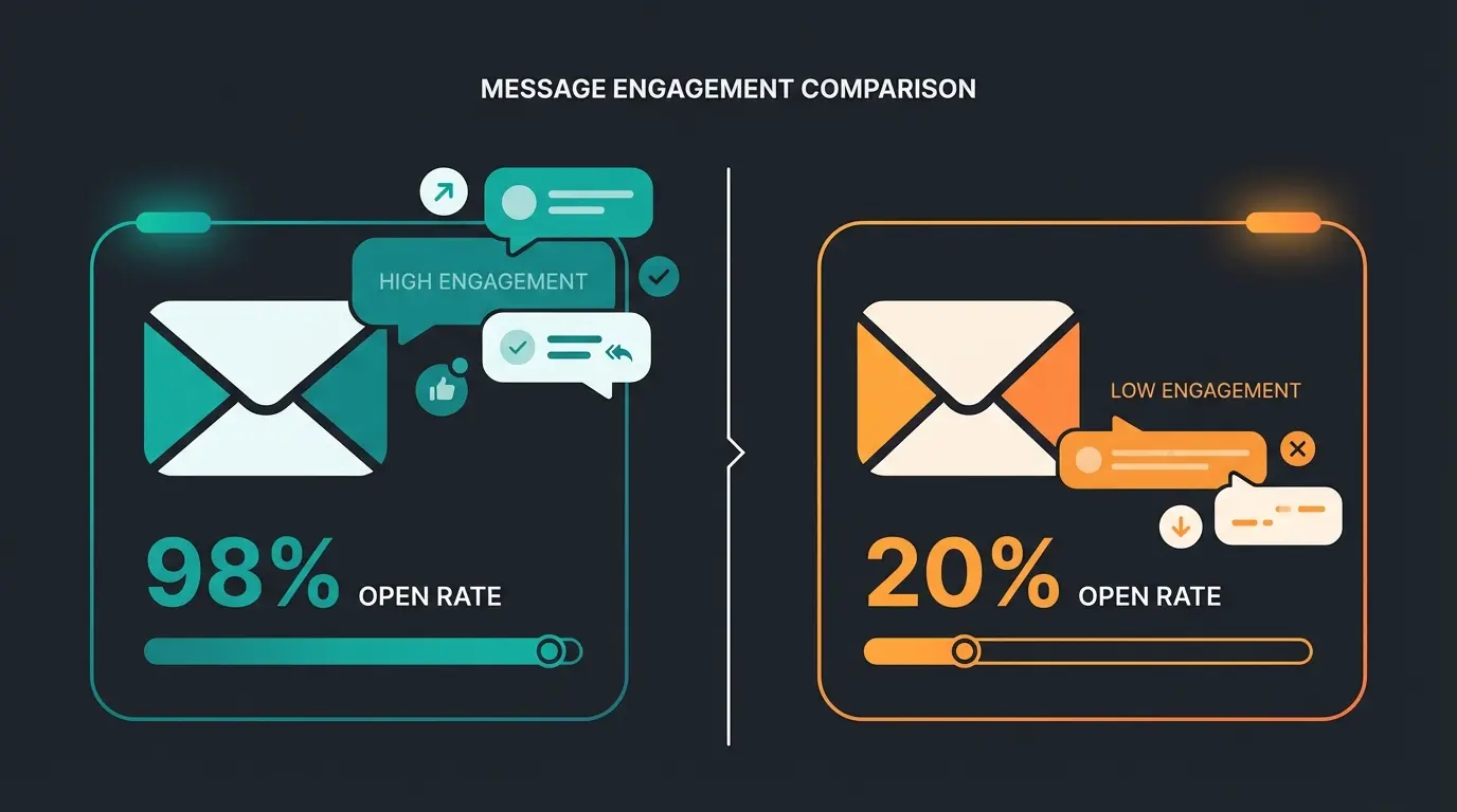 WhatsApp message statistics showing open rates and engagement compared to email