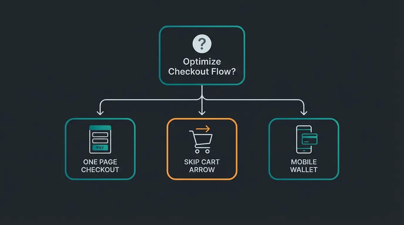 Decision flowchart showing when to use one page checkout vs direct checkout vs express checkout