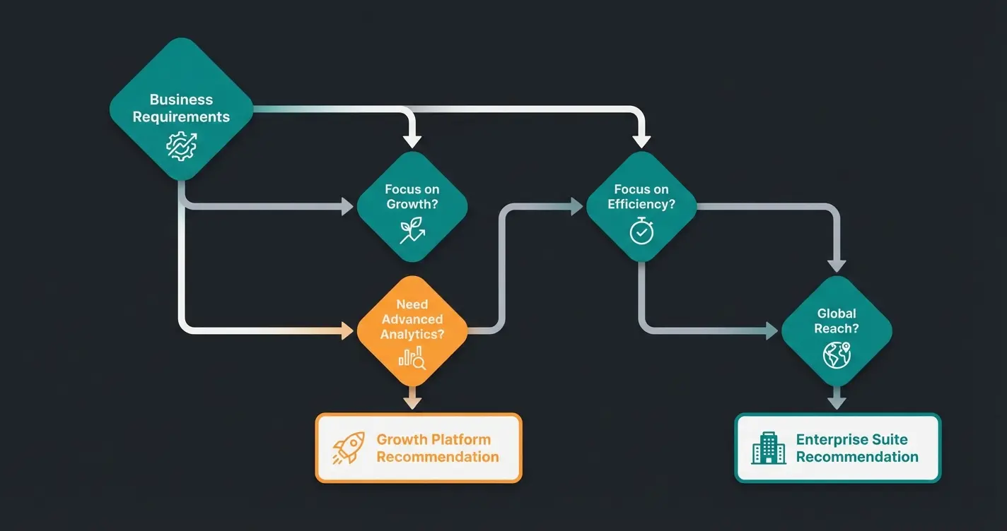 Decision flowchart helping merchants choose between Shopware and Gambio based on business requirements