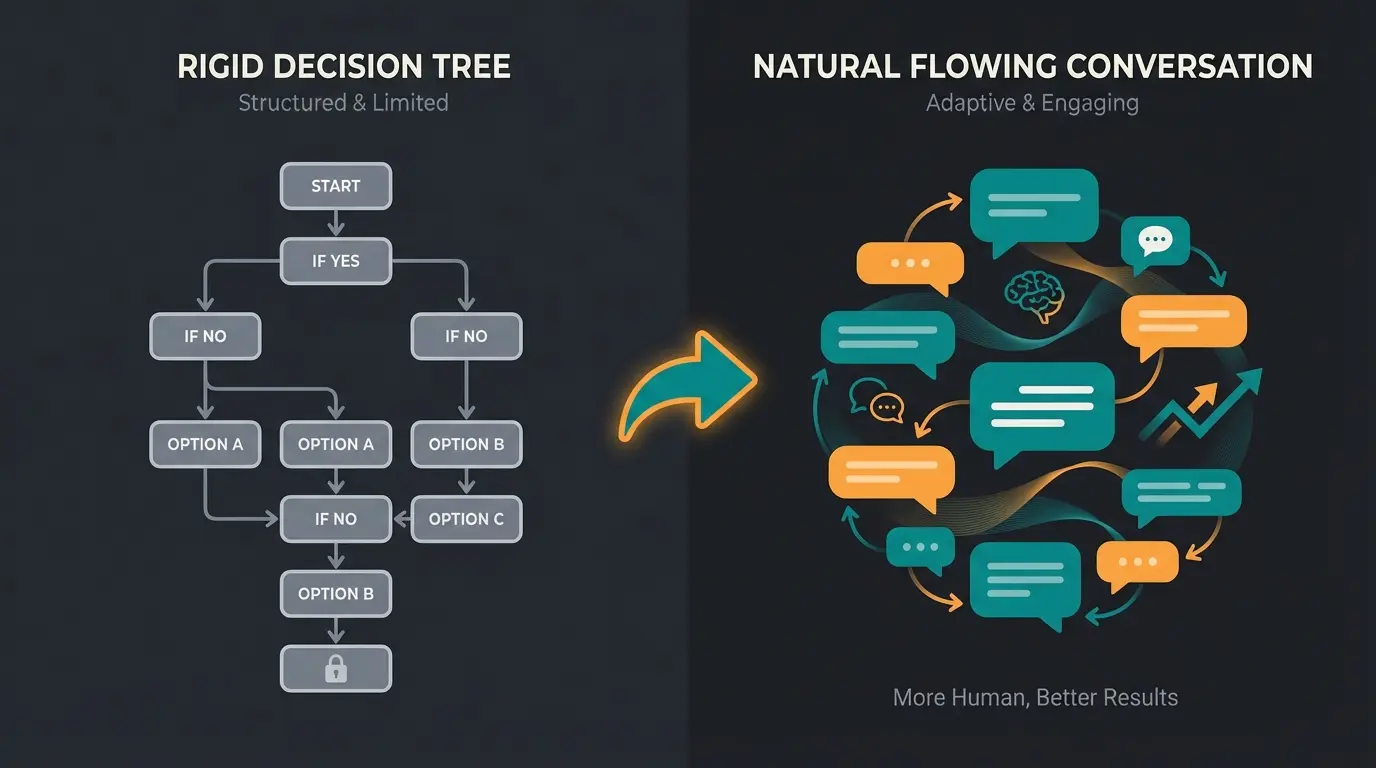 Visual comparison of menu bot versus AI consultant conversation flows