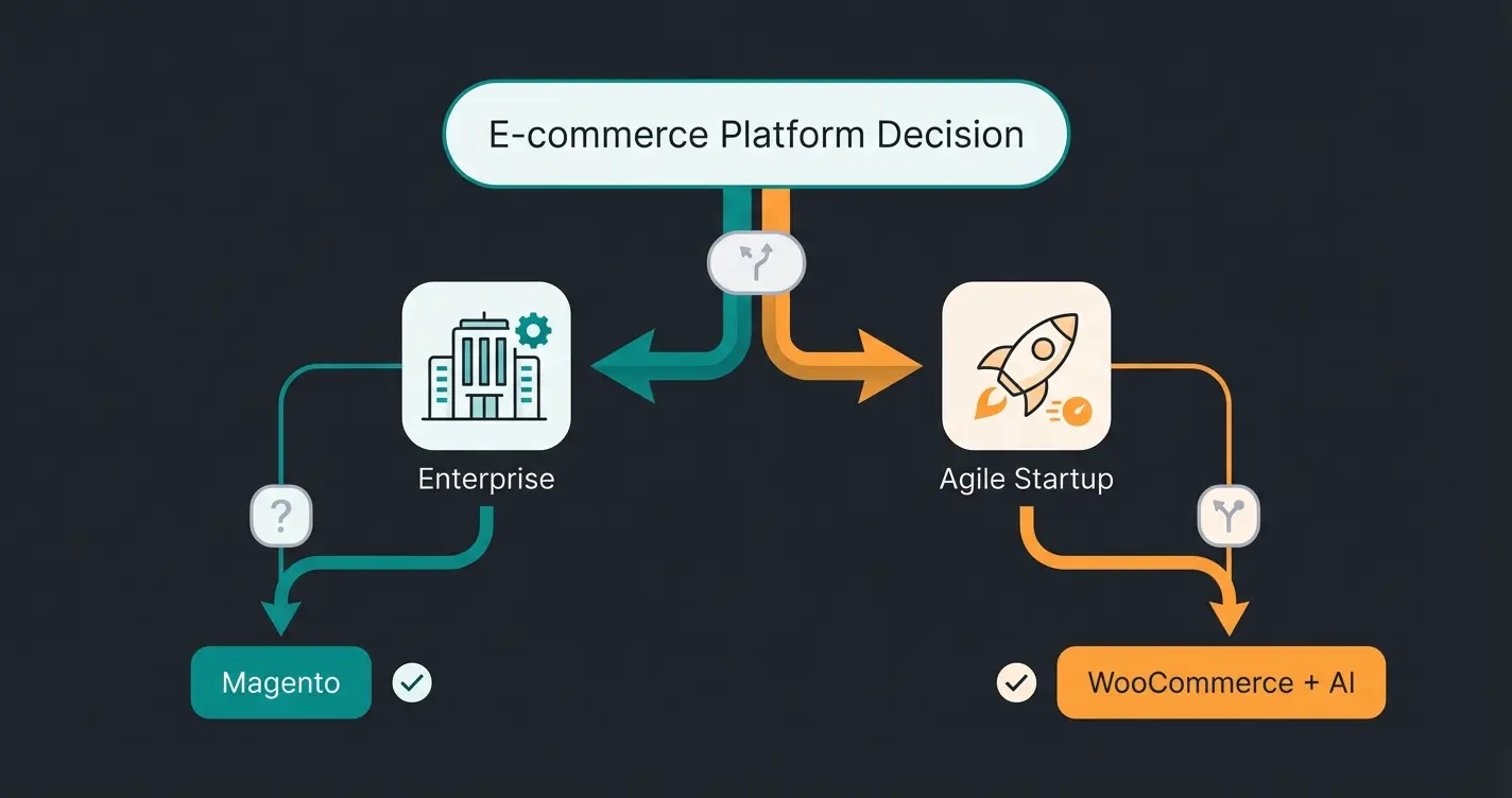 Entscheidungsmatrix für die Wahl zwischen Magento und WooCommerce basierend auf Unternehmensgröße und Anforderungen