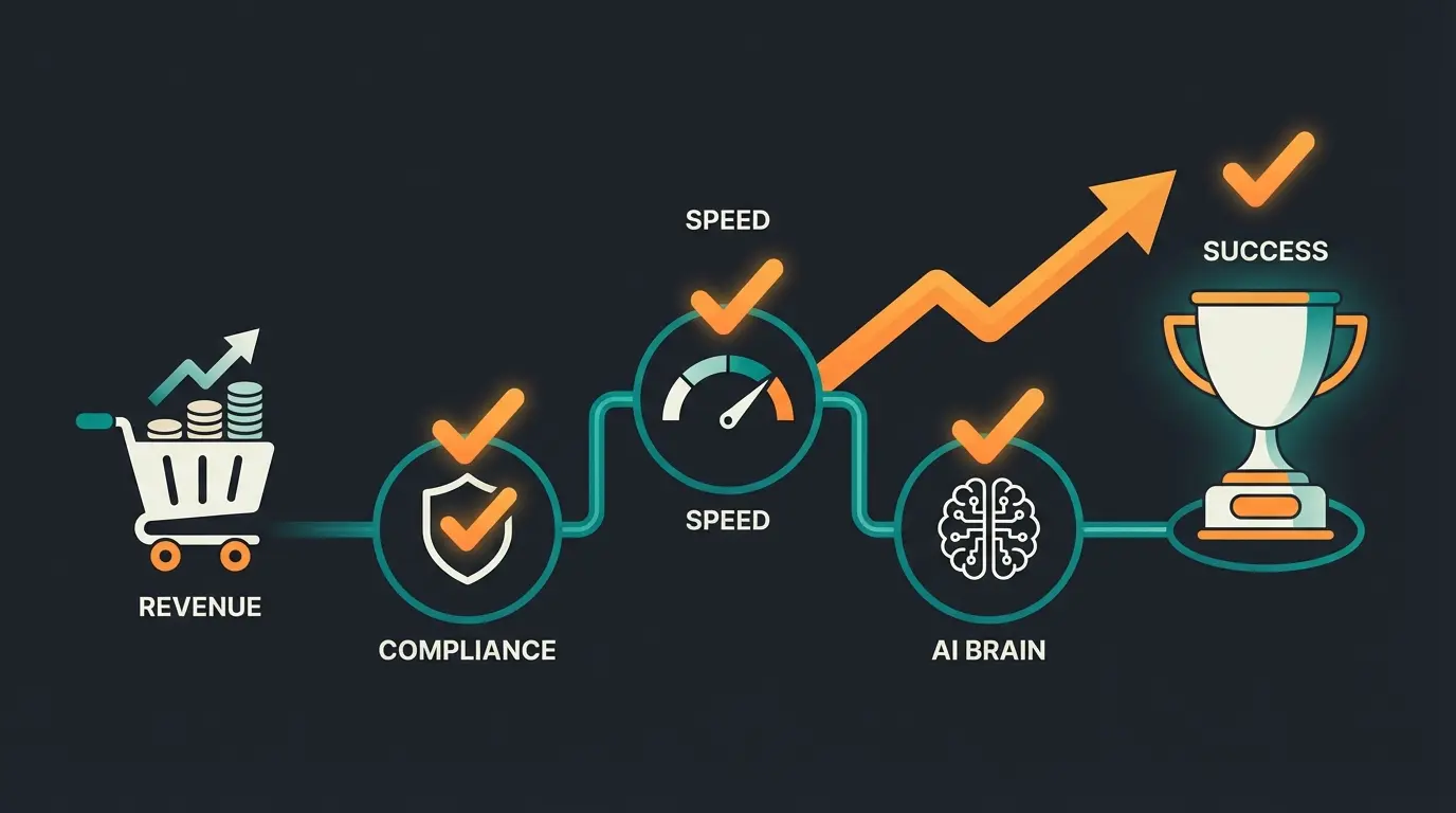 WooCommerce success blueprint showing integration of legal compliance, performance optimization, and AI sales tools