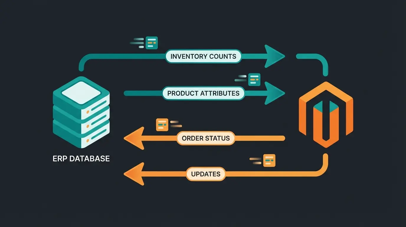 Magento ERP data flow diagram showing bidirectional synchronization between systems