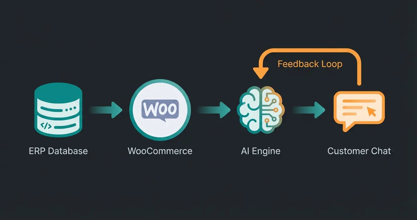 Datenfluss-Diagramm von ERP über WooCommerce zur KI-Produktberatung