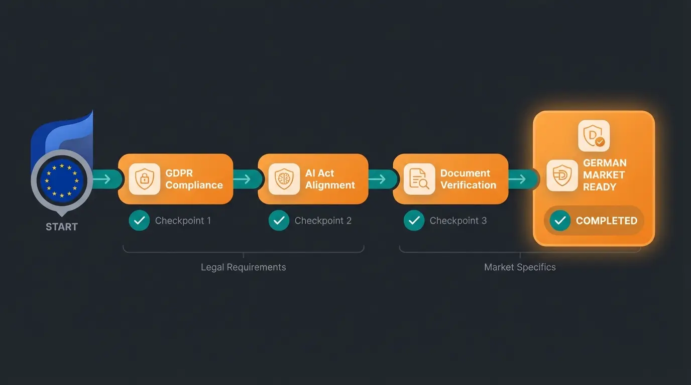 EU AI Act compliance roadmap showing GDPR and AI disclosure checkpoints in shop development timeline