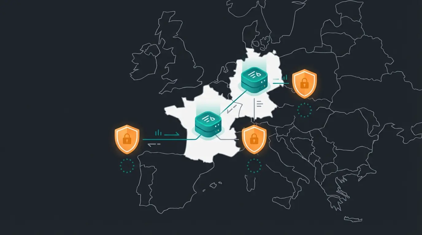 Map showing GDPR-compliant data hosting locations across Europe with German and French server indicators