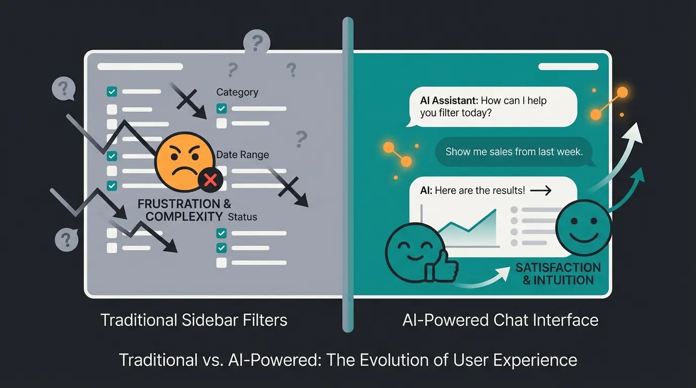 Comparison of traditional filter navigation versus AI-guided product discovery