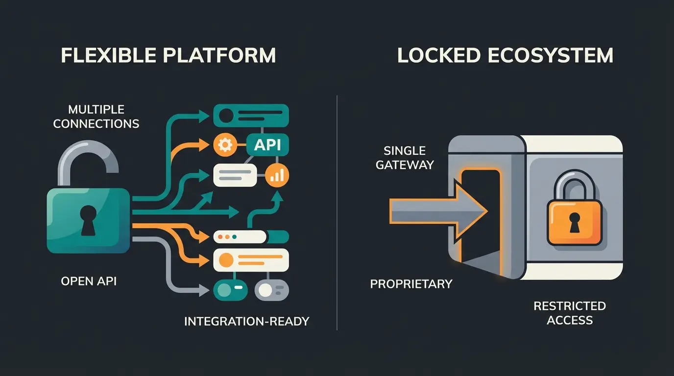 Comparison diagram showing Magento Open Source flexibility versus Adobe Commerce locked ecosystem