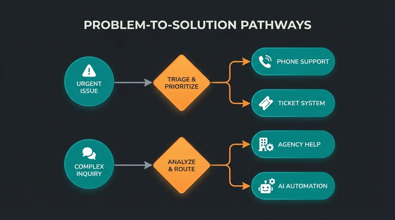 Support decision flowchart showing when to contact Shopware, agencies, or use AI automation