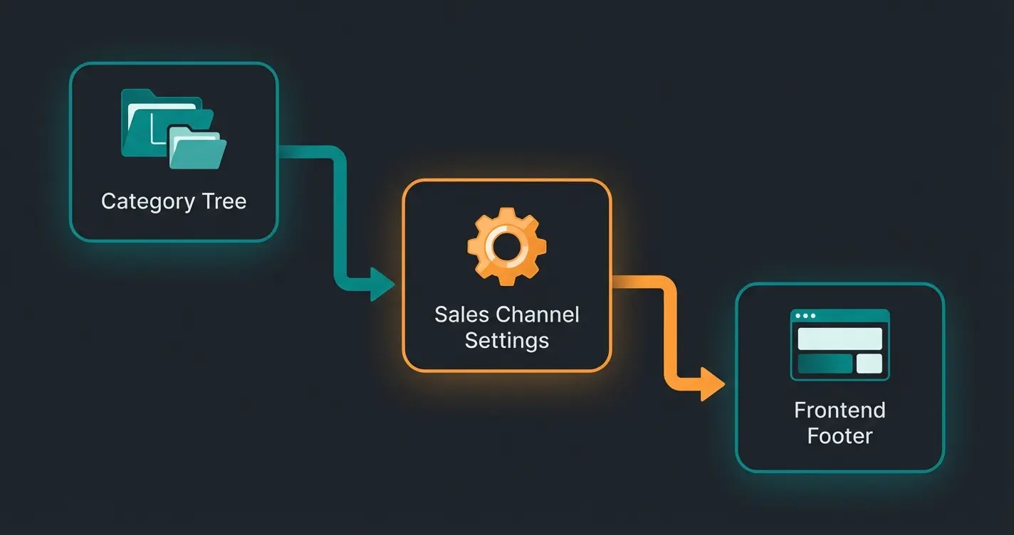 Shopware 6 footer architecture diagram showing category tree to sales channel to frontend footer flow