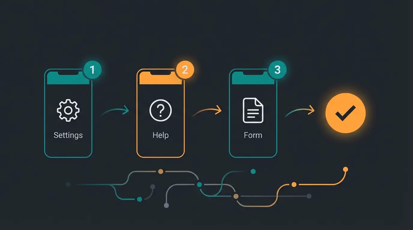 Step-by-step visual guide showing the path to Meta AI data objection form in WhatsApp settings