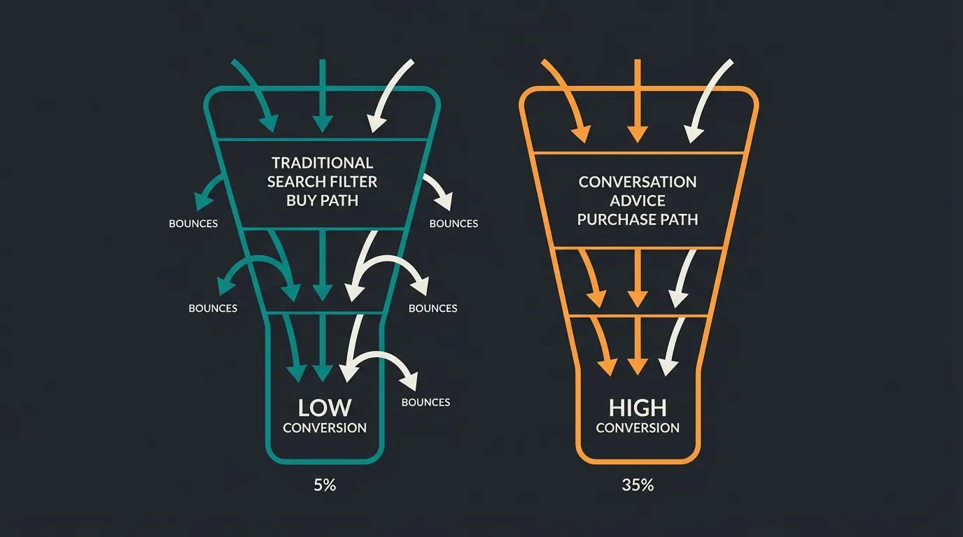 Sales funnel comparison showing standard self-service path versus AI-guided consultation path