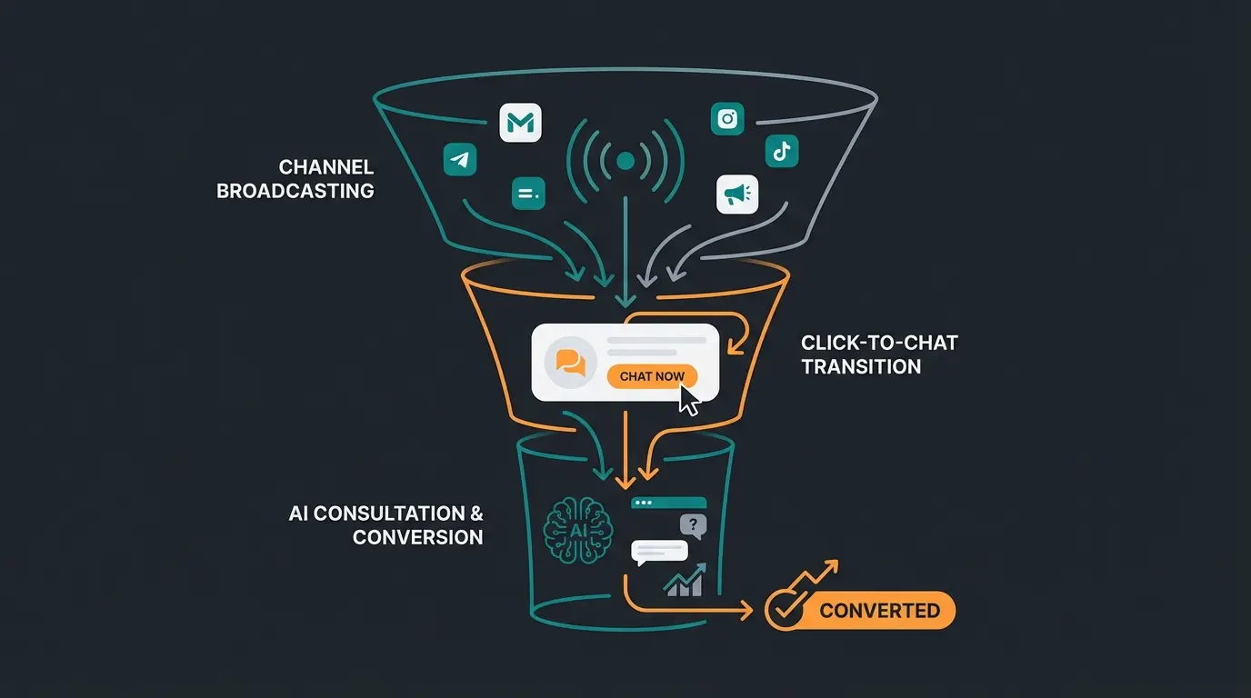 Sales funnel visualization showing WhatsApp channel as discovery layer leading to AI consultation