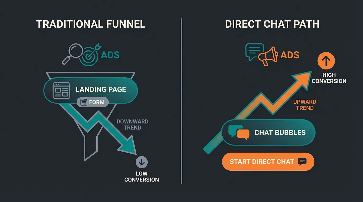 Comparison diagram of traditional landing page funnel versus Click-to-WhatsApp ad conversion path