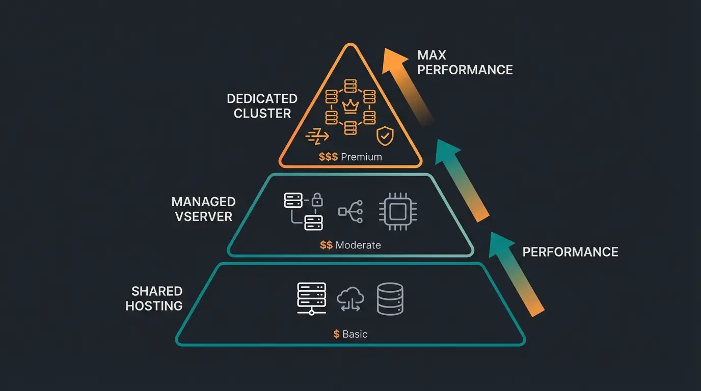 Shopware hosting tier comparison pyramid showing shared, managed, and dedicated options