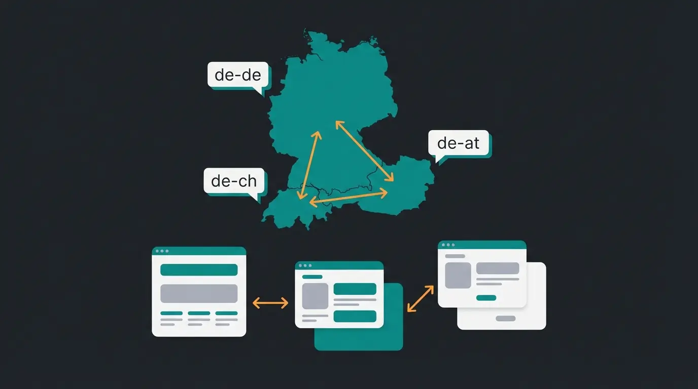 Hreflang configuration diagram for German-speaking DACH markets showing bidirectional linking