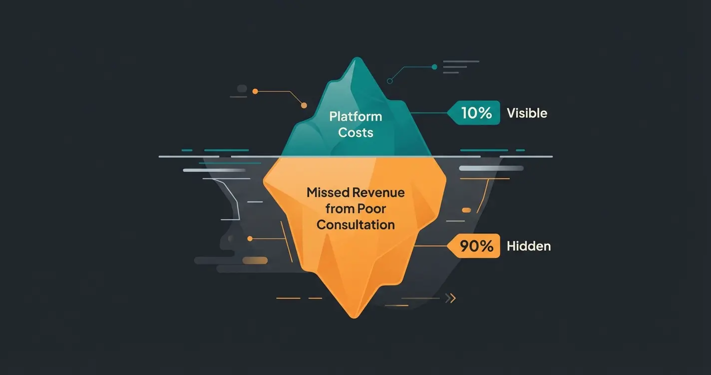 Eisberg-Diagramm zeigt sichtbare TCO-Kosten über Wasser und versteckte Umsatzverluste unter Wasser