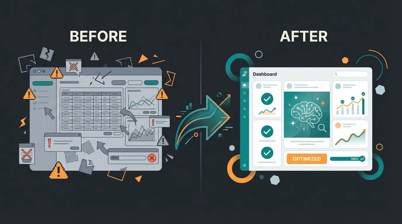 Before and after visualization showing outdated e-commerce patterns versus modern AI-enhanced shopping experience