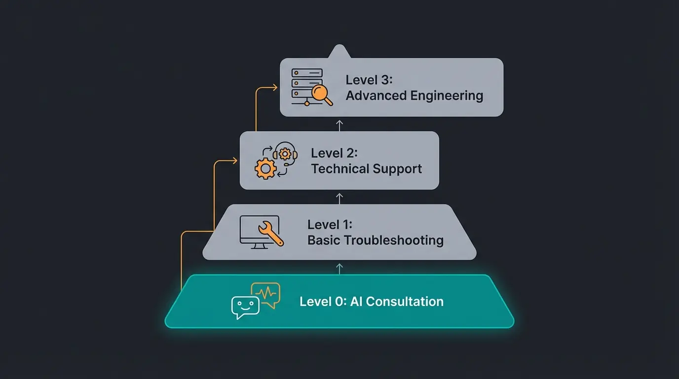 IT support levels pyramid showing Level 0 AI consultation at the base