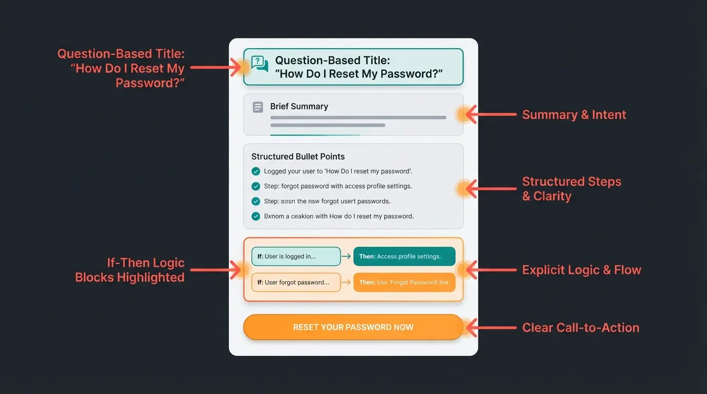 AI-optimized knowledge base article structure with annotations showing best practices
