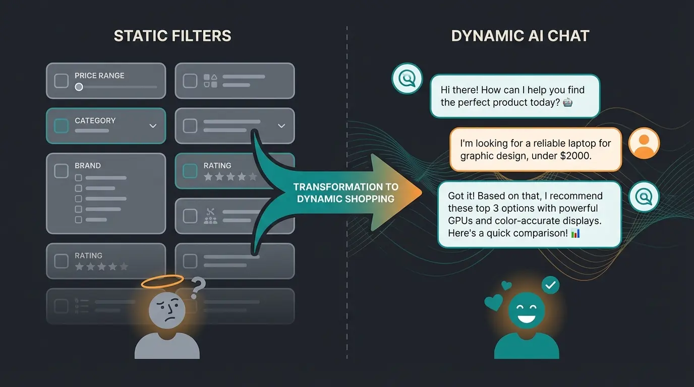 Comparison between traditional static shop filters and AI-powered intelligent product consultation