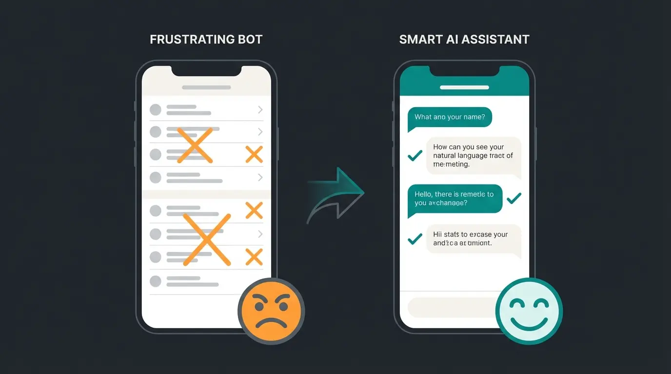 Vergleich zwischen gutem KI-Bot mit empathischen Antworten und schlechtem regelbasierten Bot mit generischen Menüs