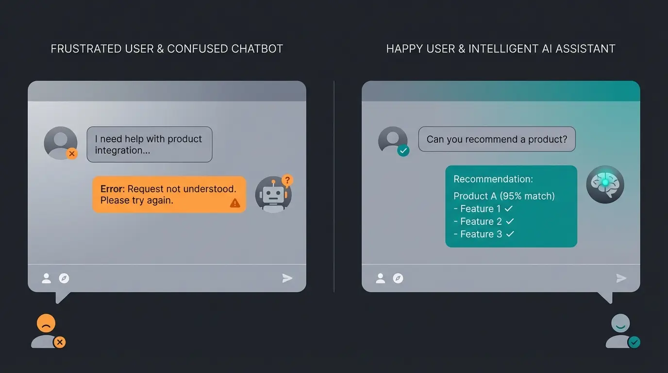 Vergleich zwischen FAQ-Bot mit frustrierter Kundenreaktion und KI-Verkaufsberater mit erfolgreicher Produktempfehlung