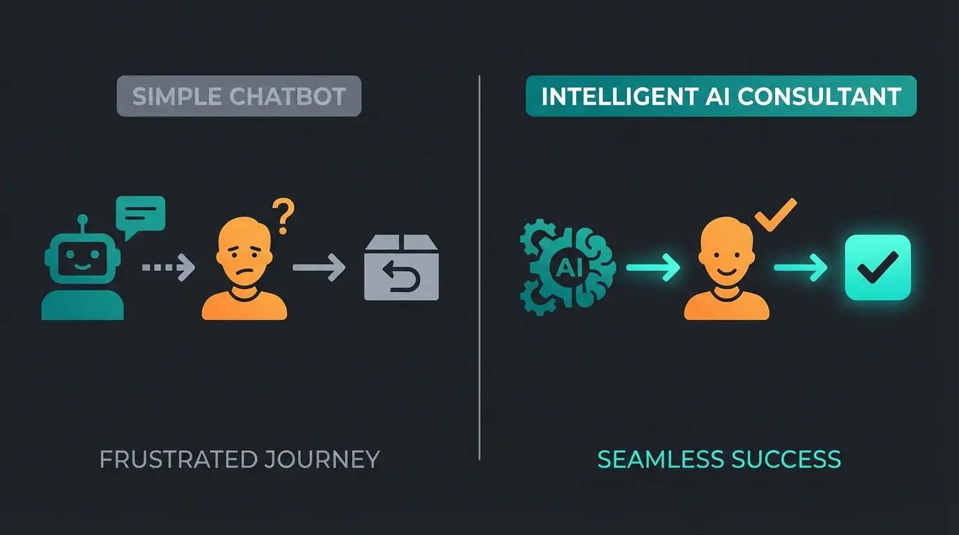 Comparison of FAQ bot versus AI consultation showing different customer outcomes
