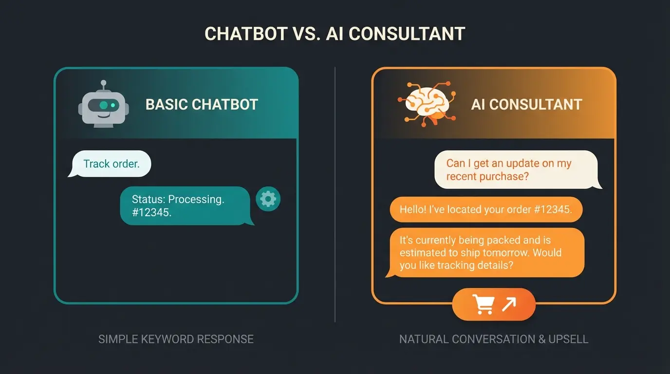 Vergleich zwischen klassischem Chatbot und KI Sales Consultant mit Beispieldialogen