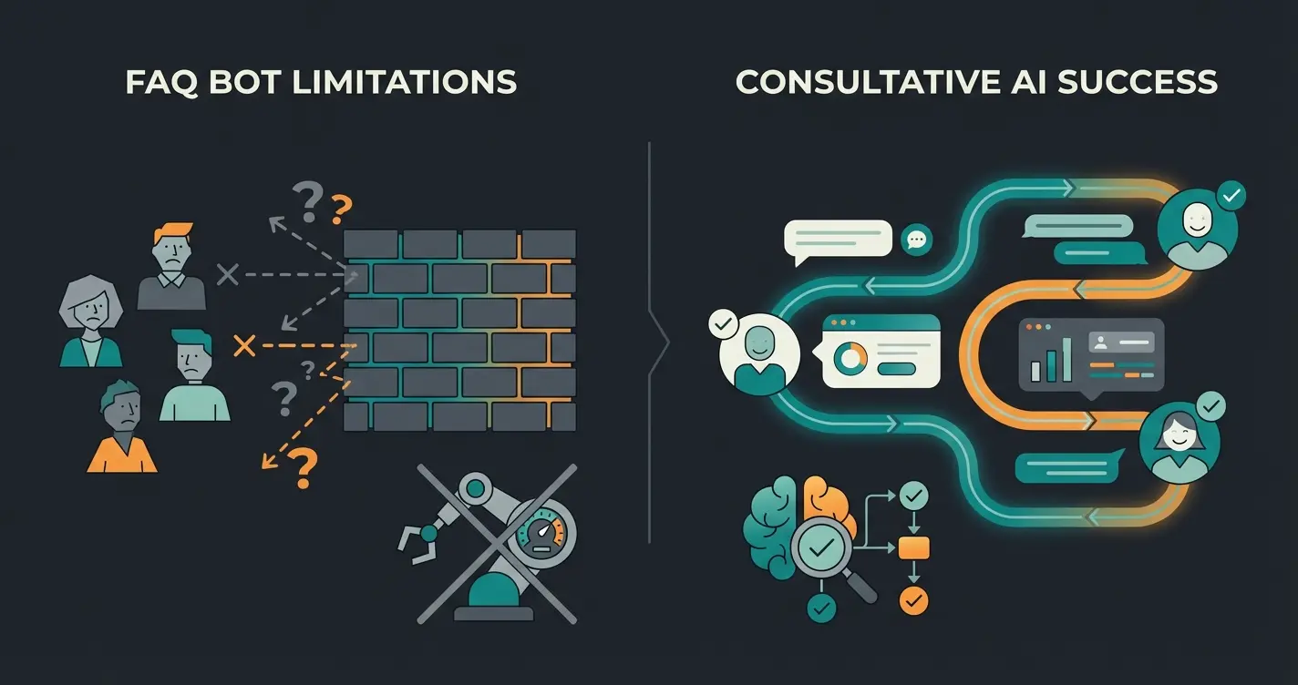Comparison visualization showing FAQ bot limitations versus consultative AI capabilities