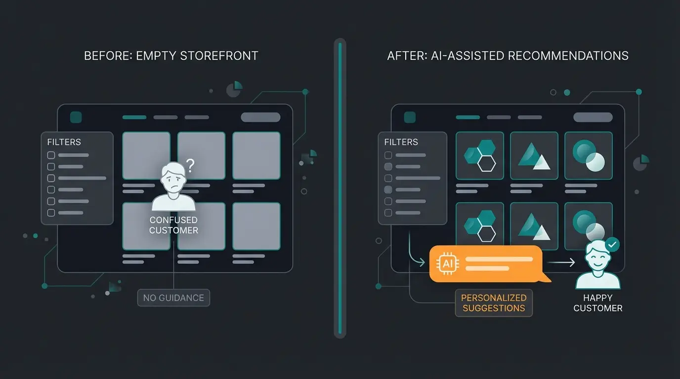 Vergleich zwischen leerem Onlineshop ohne Beratung und Shop mit KI-Verkaufsberater