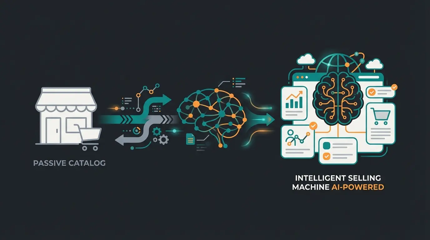 Shopify platform evolution concept showing transformation from static catalog to AI-powered intelligent store