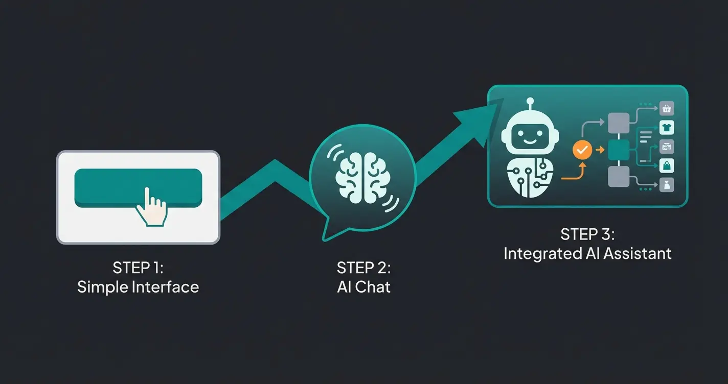Visual comparison of three chatbot generations from button bots to AI consultants