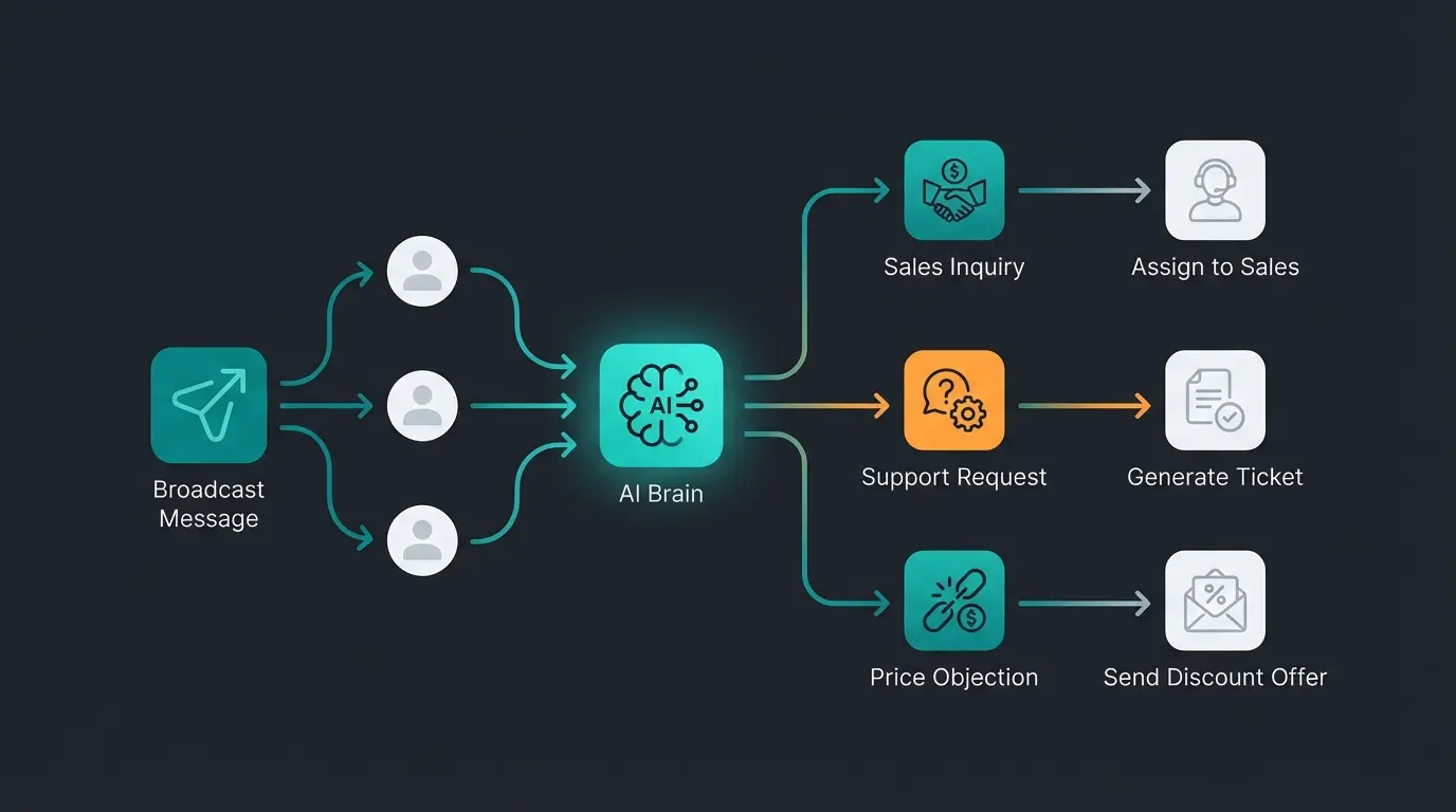 AI-powered WhatsApp broadcast response handling flowchart