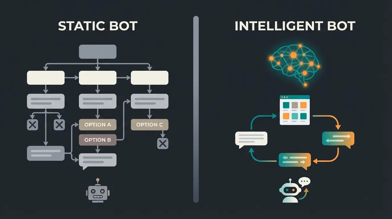 Visual comparison between traditional decision tree chatbot and AI-powered product consultant showing conversation flow differences