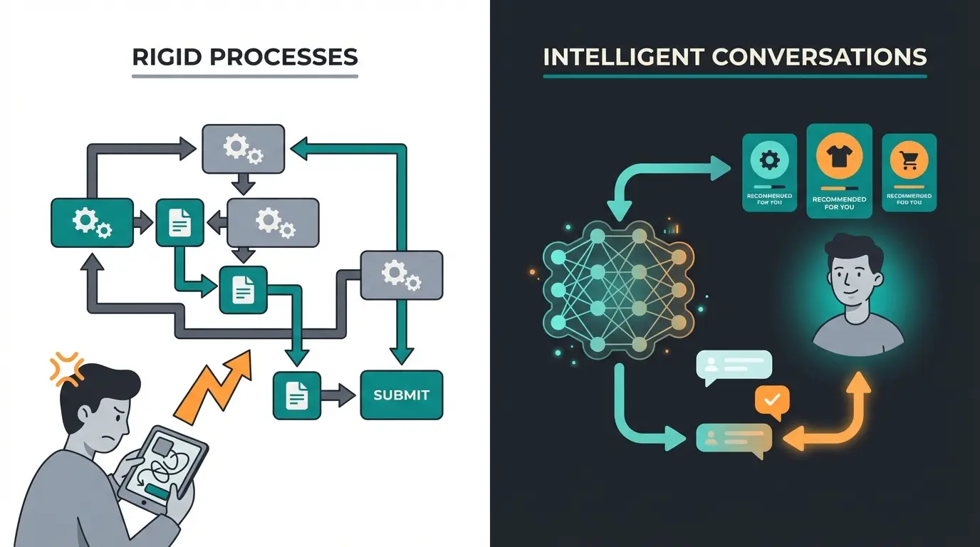 Vergleich zwischen regelbasiertem Chatbot mit starren Buttons und LLM-basiertem AI Sales Consultant
