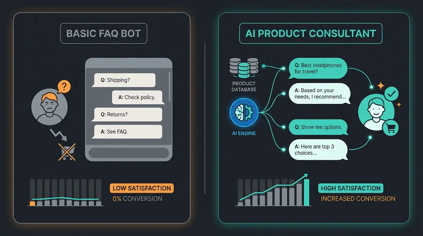 Vergleichsdarstellung FAQ-Bot versus KI-Produktberater mit Unterschieden in Technologie und Ergebnissen